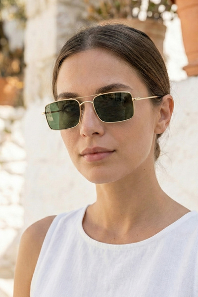 Kapin Metal Dikdörtgen Çerçeve Güneş Gözlüğü - Yeşil Cam