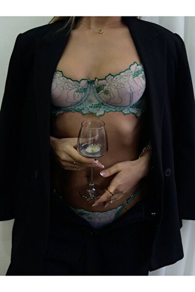 Green Embroidered White Transparent Underwired Premium Bra Thong Underwear Set