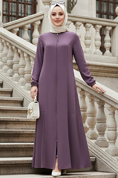 N.S NEVA STYLE Zippered Brown Hijab Robe 45315Kh