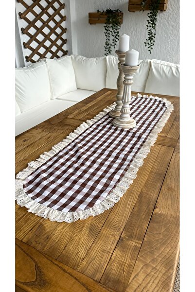 Decamor home Brown Gingham Ruffled Runner with Scallop Detail