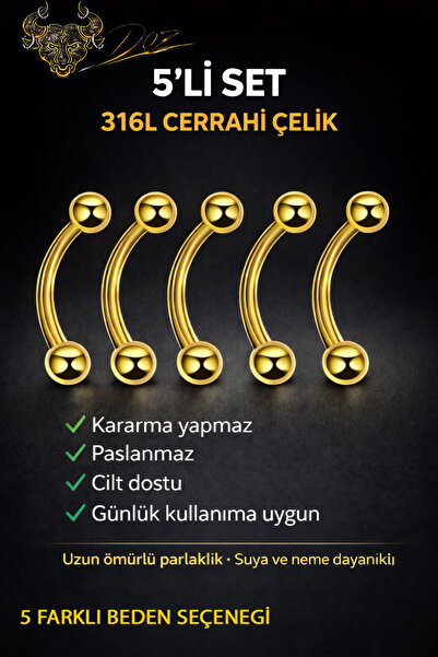 depozoom 316L Cerrahı Çelik 5'li set Halka Dudak Burun Kulak Kıkırdak Piercing