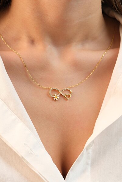 Kiriş Gümüş 925 Ayar Gümüş Gold Sonsuzluk, Kalp ve Papatya Kadın Gümüş Kolye