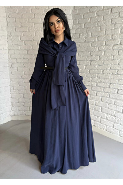 moneta boutique Women's Shawl Detailed Design Belted Shirt Dress