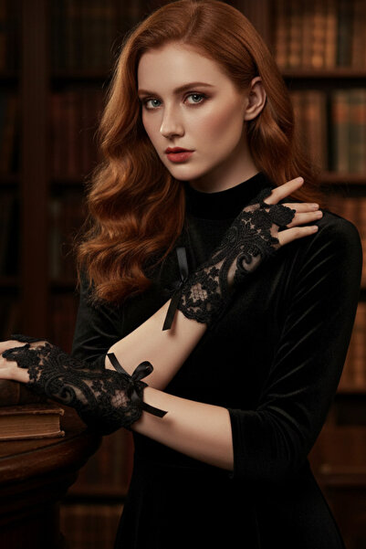 shop Siyah Parmaksız Eldiven - Vintage Stil Şeffaf İşlemeli - Gotik El Aksesuarı