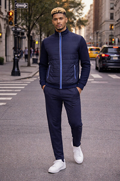 BESSA Set de trening albastru marin, cu detalii matlasate, din țesătură jacqu...