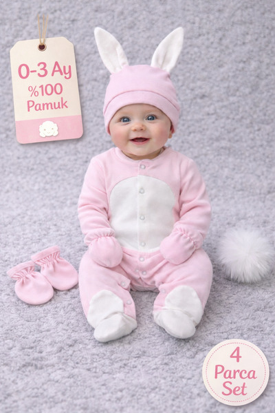 La Luna Baby Girl 4 Piece Pink Rabbit Jumpsuit 0-3 Months 100% Cotton