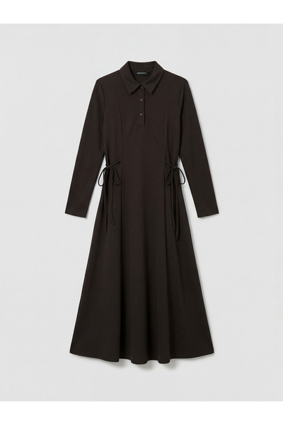 LC Waikiki LCW Modest Kahverengi Gömlek Yaka Belden Oturtmalı Elbise