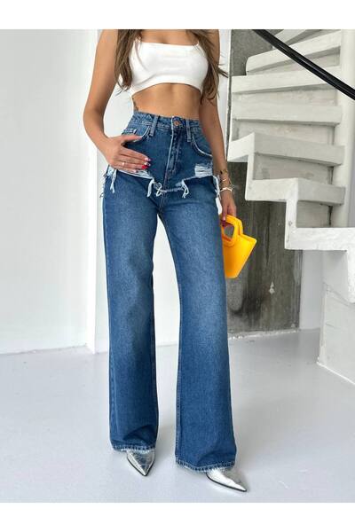 DENİKK Trend Special Design Wide Leg Jean Ripped Detail Pants-Custom Design W...