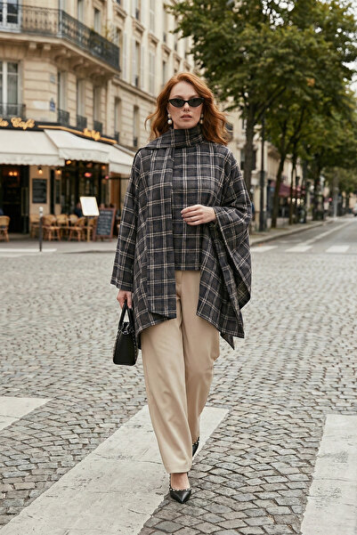 Lela Plaid Cotton Oversize Fit Scarf Collar Poncho Poncho 6925472