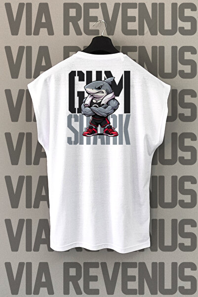 Vordevia Gym Shark Back Printed Zero Sleeve 100% Cotton Sports Tshirt