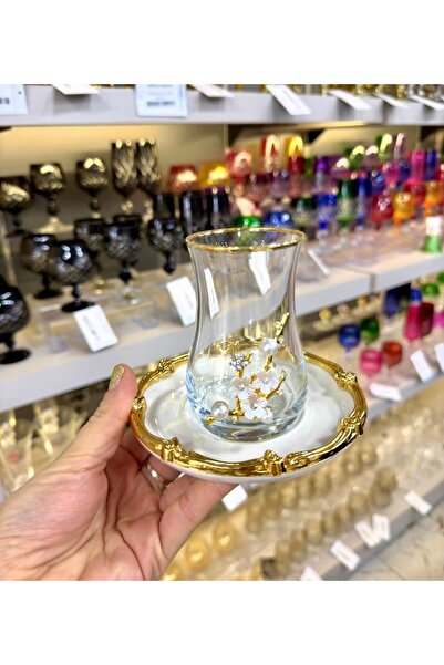 Vakıf home 6 Kişilik 12 Parça Porselen Tabaklı İncili Gold Çay Takımı Seti