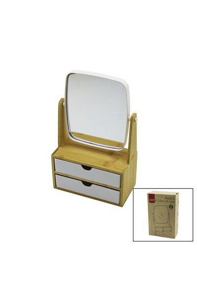 Fırsatkolik 2 Drawers Bamboo Wood Stand=9X9.9X17.8X21.5Cm Makeup Mirror=15X18...