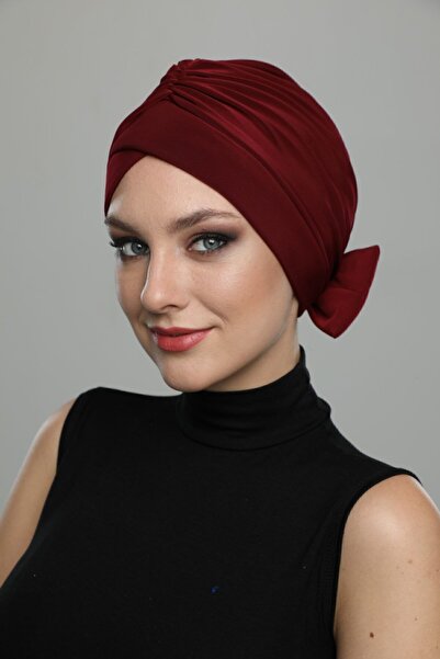 elysianfidan Burgundy Ready-To-Wear Turban Hijab with Bow, Suitable for Medic...