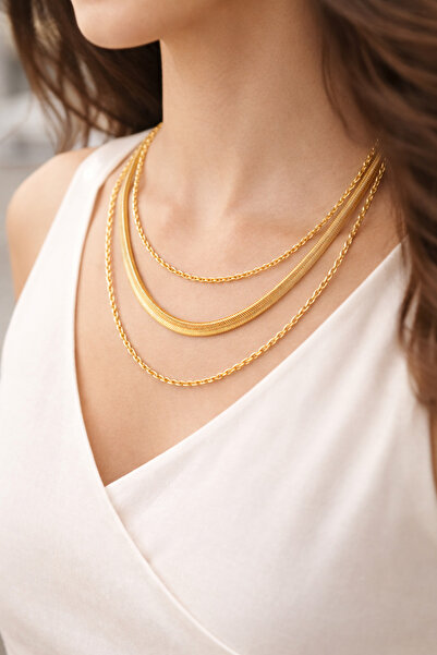 POYASE Gold Katmanlı Yılan Zincir ve Burgulu Zincir Kombin Kolye