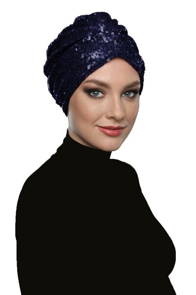 elysianfidan Sequined Lined Navy Blue Ready Turban Hijab Evening Dress Bonnet