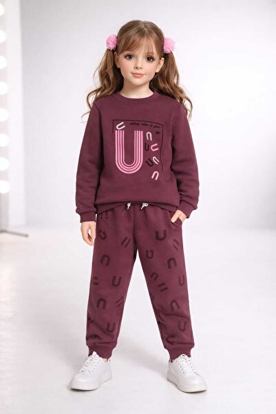 MA Girl's Burgundy U Print Detailed Sweatshirt Tracksuit Set of 2