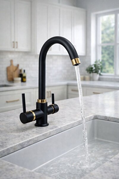 MİXSA Siyah-Gold Baston Borulu 3 Girişli Arıtmalı Mutfak Eviye Batarya Musluk