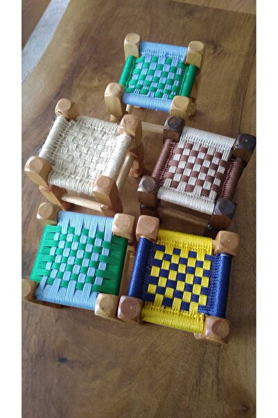 PRİMELUXRY SHOP El Yapımı Ahşap Mini Tabure – Örgü İp Oturaklı Dekoratif Tabure