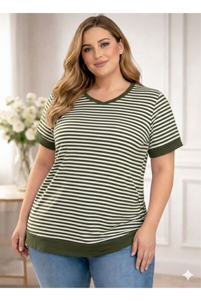 Vinola BÜYÜK BEDEN VİSKON PENYE KUMAŞ ÇİZGİLİ V YAKA BLUZ