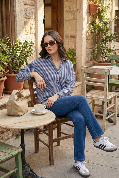 Lela Striped Oversize Fit Classic Collar Long Sleeve Shirt Shirt 6925475