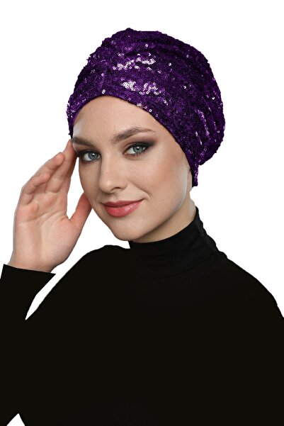 elysianfidan Sequined Lined Purple Ready-made Hijab Hijab Evening Dress Bonnet