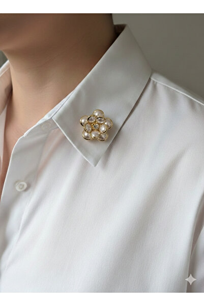 Lanuna İnci Detaylı Gold Çiçek Yaka Düğme Broş
