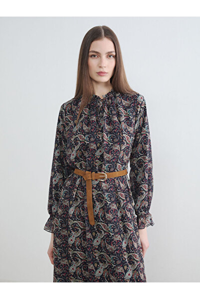 LC Waikiki High Collar Patterned Belted Chiffon Dress