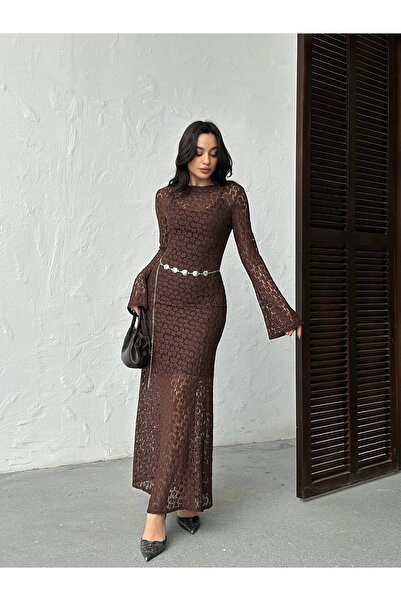 BLACKPERA İthal Kumaş Kemer Detaylı Astarlı Tül Dantel Elbise