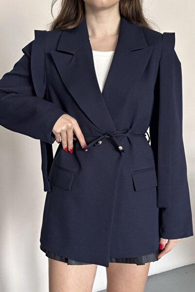 moda armanc Women's Belted Shoulder Detail Blazer Jacket - Casual Modern Design