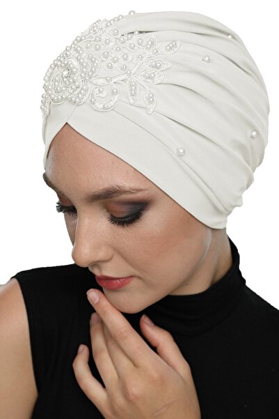 elysianfidan Detachable Lining Embroidered Cream Rose Motif Ready-made Hijab ...