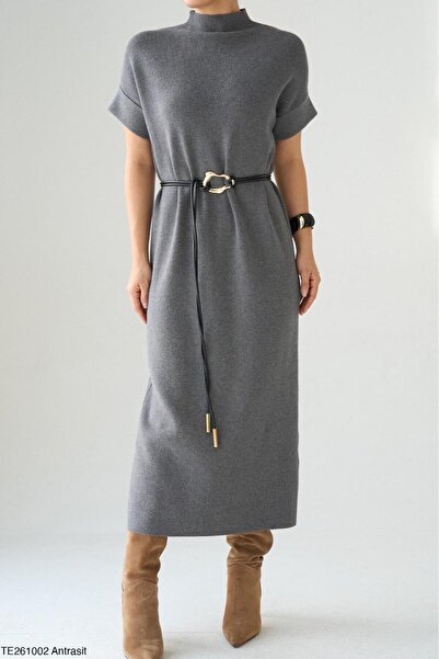 CADDELAMODA Women's High Neck Low Sleeve Belted Dress