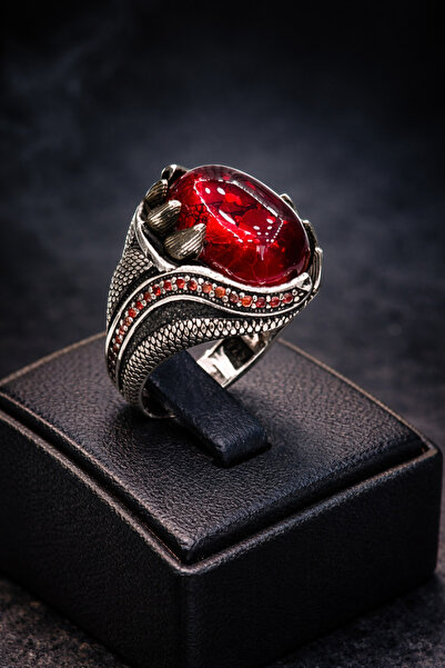 KAR DİAMOND 925 Ayar Gümüş Oksitli Kızıl Taşlı Ejderha Desenli Erkek Yüzük Kı...