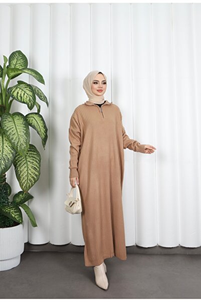 NİSUM MODA Corded Fabric Zippered Knitwear Dress