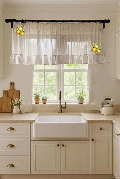 Sister Home Design Limon Desenli Keten Kısa Fırfırlı Mutfak, Cafe,Banyo, Çift...