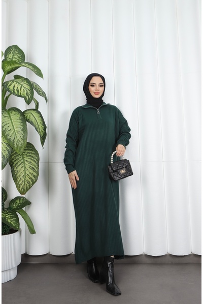 NİSUM MODA Corded Fabric Zippered Knitwear Dress