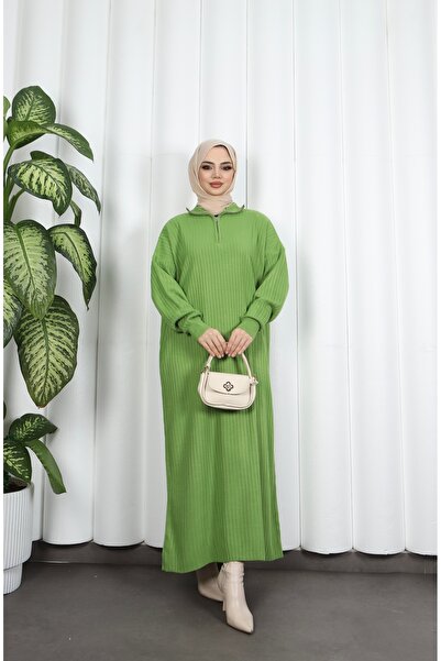 NİSUM MODA Corded Fabric Zippered Knitwear Dress