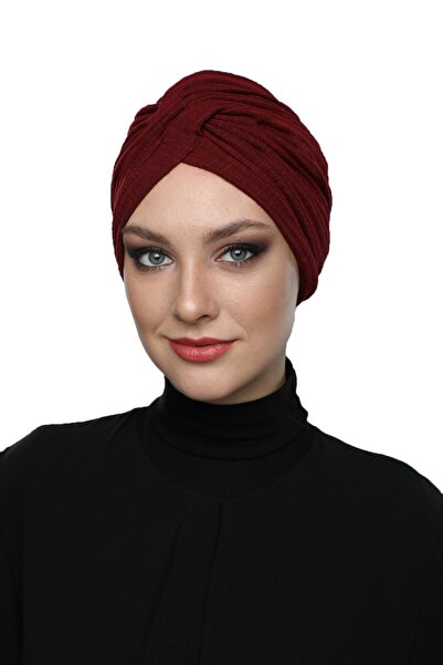 elysianfidan Crossed Combed Cotton Lined Burgundy Ready-To-Wear Turban Hijab ...