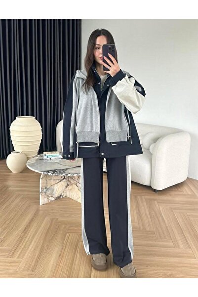 MODA Katman Görünümlü Oversize Kontrast Renk Geçişli Fermuarlı Takım