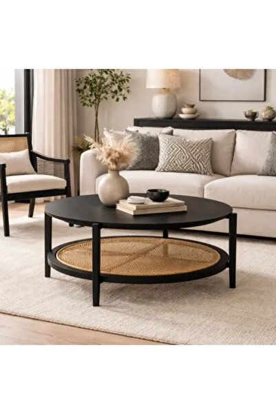 Palma homez Round Coffee Table Wood and Metal with Rattan Shelf - Black - 100...