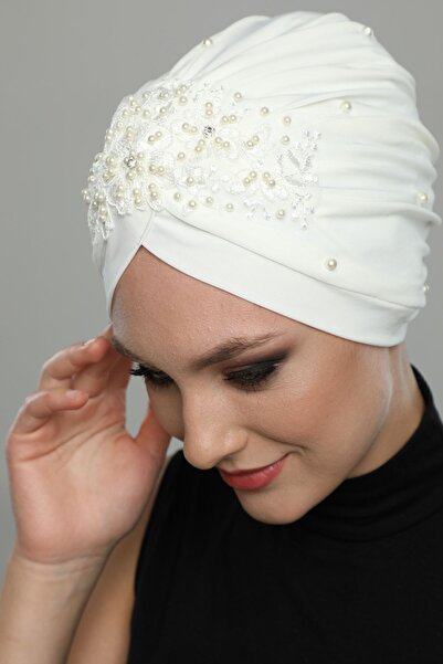 elysianfidan Ripped Lined Embroidered Cream Lace Motif Ready-made Hijab Hijab...