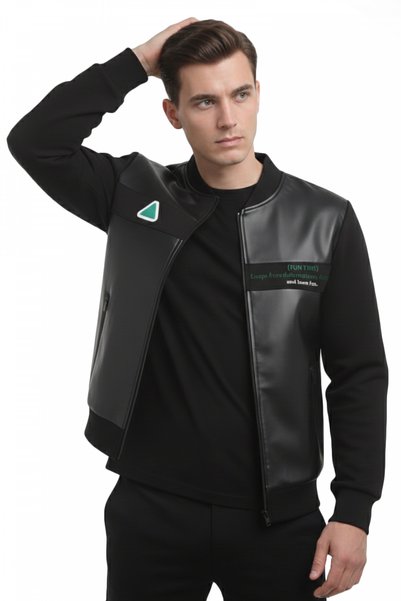DeepSEA Black Slim Fit Men's Faux Leather Jacket / Coat – College Collar Combed Cotton Sleeves Jacket Coat 2600738