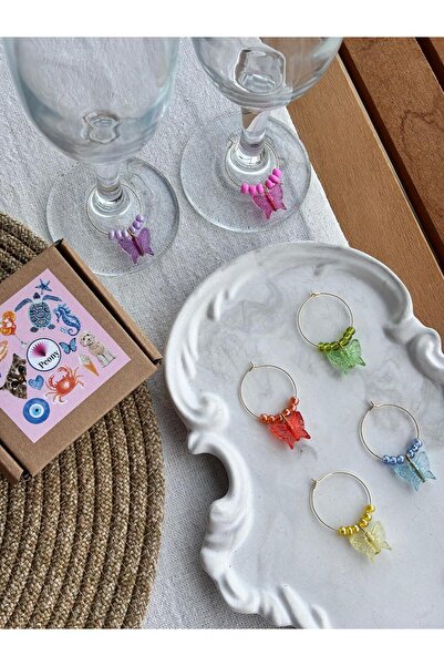 PEONY peonyofficiall Kelebek Kadeh Süsü 6'lı Kadeh İşaretleyici Set Gold Renk...