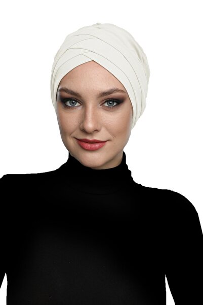 elysianfidan Three-Striped Cream Ready-Made Turban Hijab Pool Cap Suitable fo...