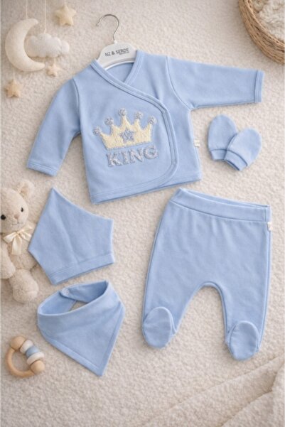 Pure Boutique Set nou nascut baiat 5 piese albastru bumbac king bluza pantalo...