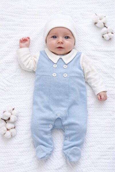 Pure Boutique Елегантен син памук гащеризон за бебе момче с вградена яка