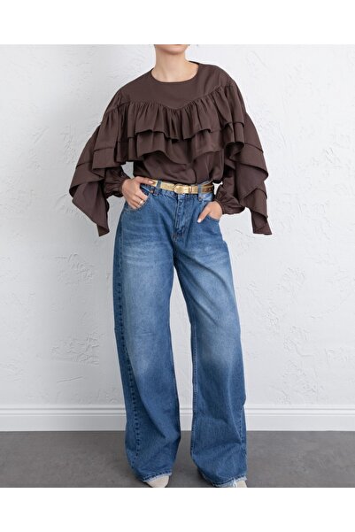 Modamorfo Flounce Sleeve Elastic Blouse -K. Coffee