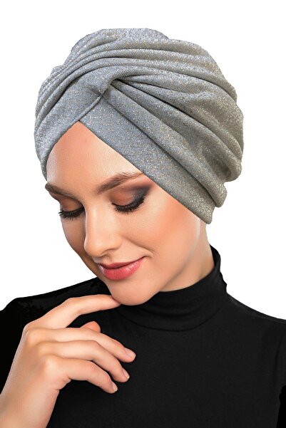 elysianfidan Cross Patterned Foil Lined Light Gray Ready-To-Wear Turban Hijab...