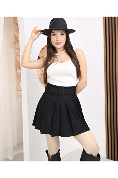 CELİORA STYLE Kemer Detaylı Kadife Kumaş Yüksek Bel Pileli Şort Etek