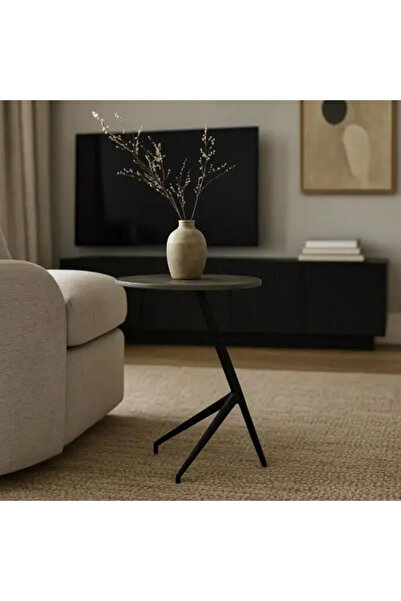 Palma homez Oval Side Table with Gray Wooden Top and Black Metal Base