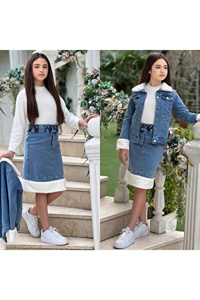 zavera for kids Girl's Pearl Detailed 3-Piece Denim Set - Pearl Detailed Plus...